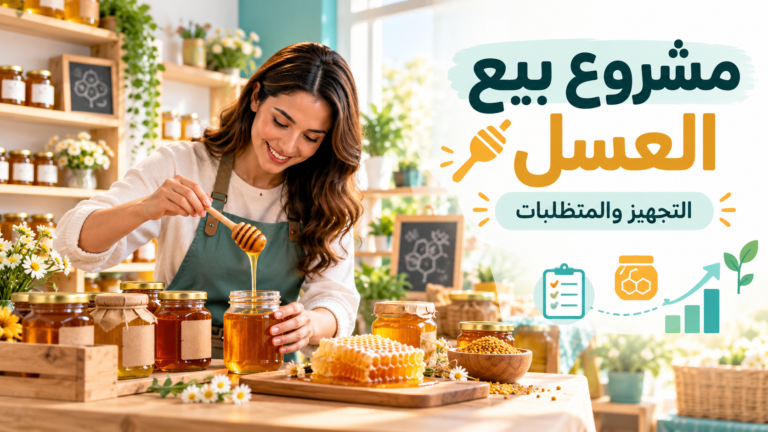 عبوات عسل طبيعي داخل متجر مع تجهيزات التعبئة والعرض