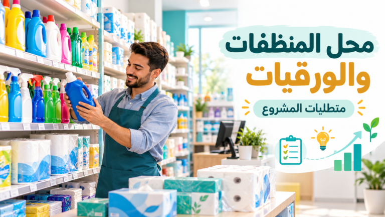 منتجات تنظيف وورقيات مرتبة على أرفف متجر متخصص