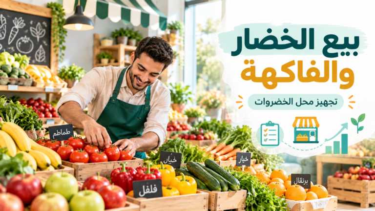 بائع يرتب الخضار والفاكهة الطازجة داخل متجر خضروات